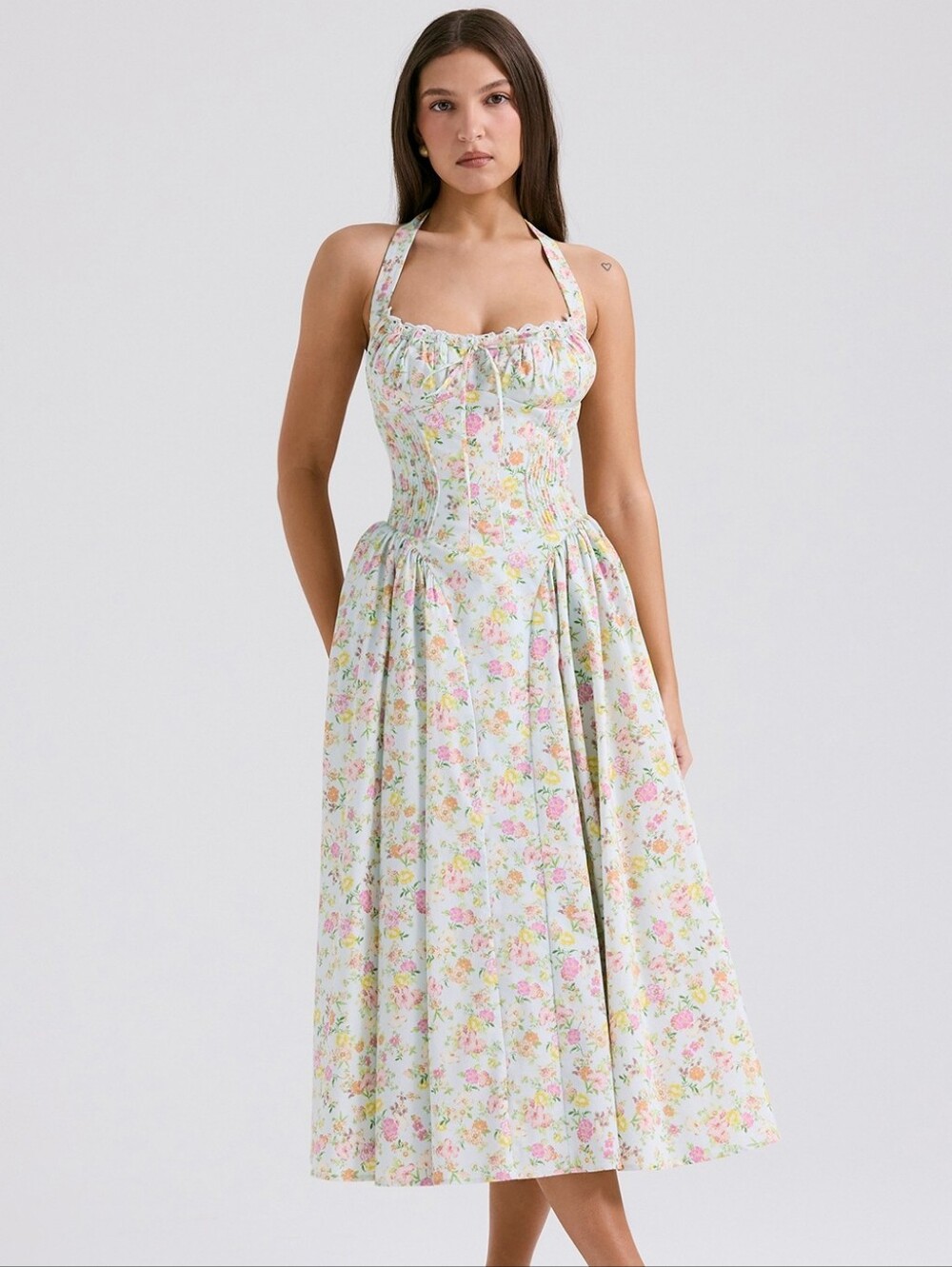 Nwt House Of CB Adabella pale blue meadow print Floral cotton halter sundress XL - Picture 3 of 8